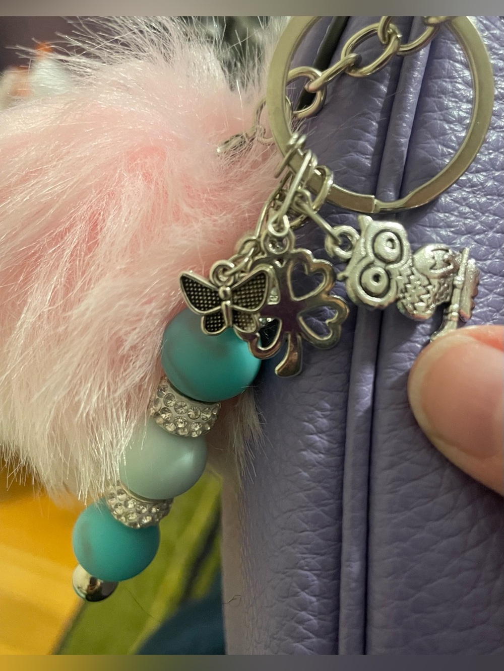 Pink Pom Pom & Turquoise Bead Keychain Bag Charm-HANDMADE